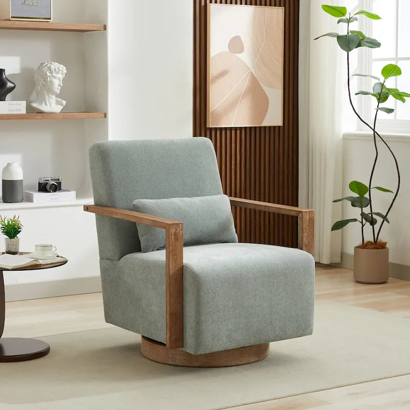 Poltrona girevole a 360° in misto lino verde chiaro, stile retrò, 1 posto