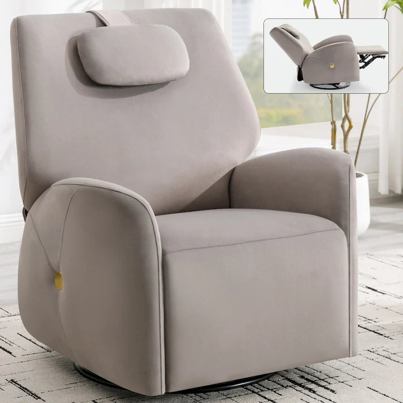 Poltrona reclinabile elettrica girevole e a dondolo con cuscino di supporto lombare e cervicale, rotazione massima di 270 gradi, porte USB e Type-C
