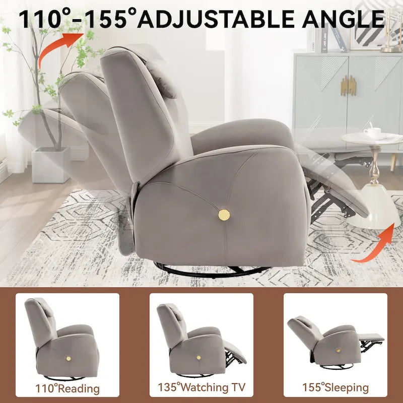 Poltrona reclinabile elettrica girevole e a dondolo con cuscino di supporto lombare e cervicale, rotazione massima di 270 gradi, porte USB e Type-C