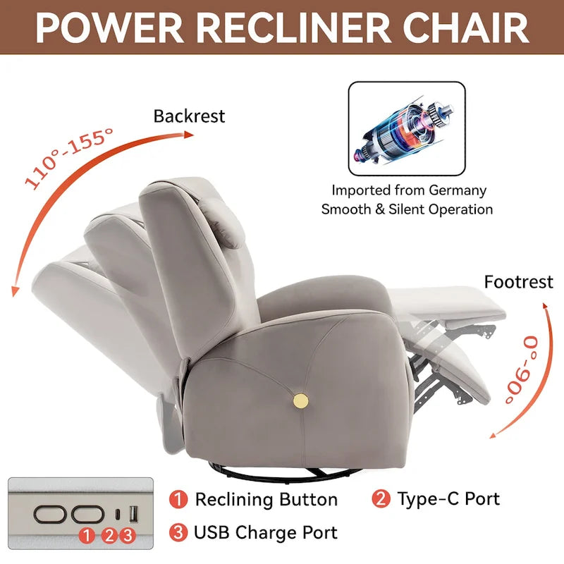 Poltrona reclinabile elettrica girevole e a dondolo con cuscino di supporto lombare e cervicale, rotazione massima di 270 gradi, porte USB e Type-C