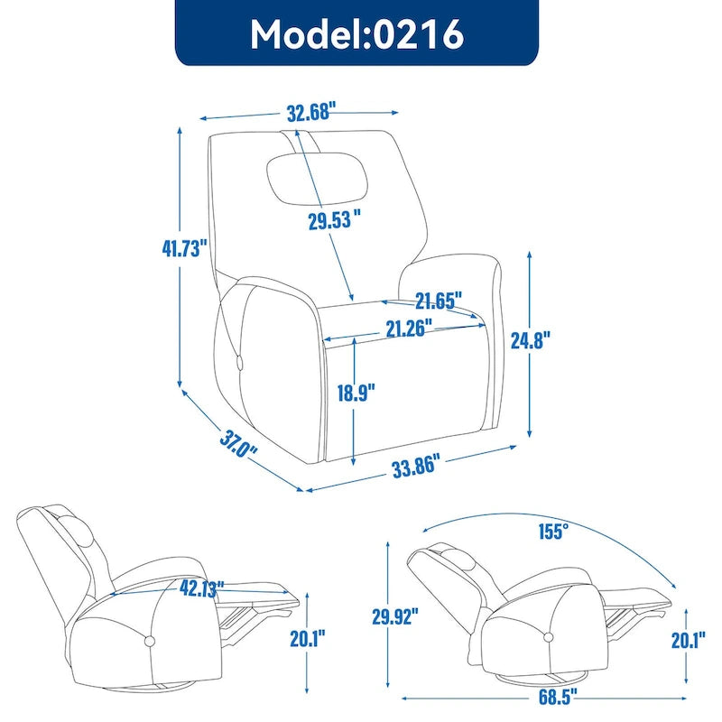Poltrona reclinabile elettrica girevole e a dondolo con cuscino di supporto lombare e cervicale, rotazione massima di 270 gradi, porte USB e Type-C