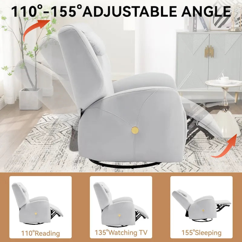 Poltrona reclinabile elettrica girevole e a dondolo con cuscino di supporto lombare e cervicale, rotazione massima di 270 gradi, porte USB e Type-C