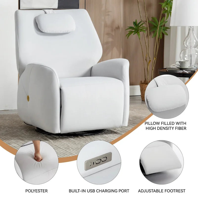 Poltrona reclinabile elettrica girevole e a dondolo con cuscino di supporto lombare e cervicale, rotazione massima di 270 gradi, porte USB e Type-C