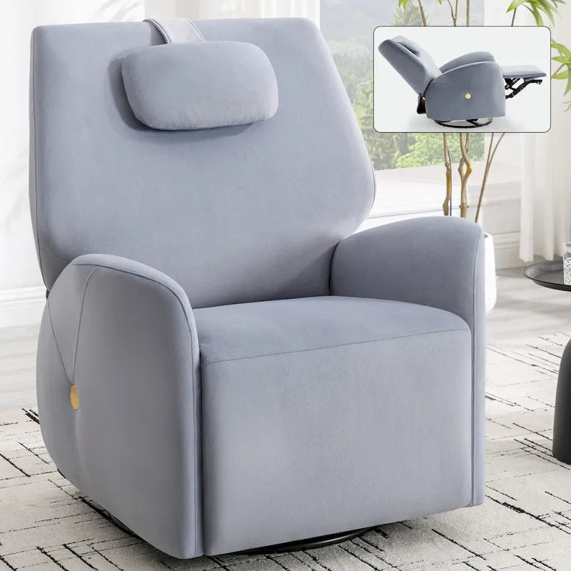 Poltrona reclinabile elettrica girevole e a dondolo con cuscino di supporto lombare e cervicale, rotazione massima di 270 gradi, porte USB e Type-C