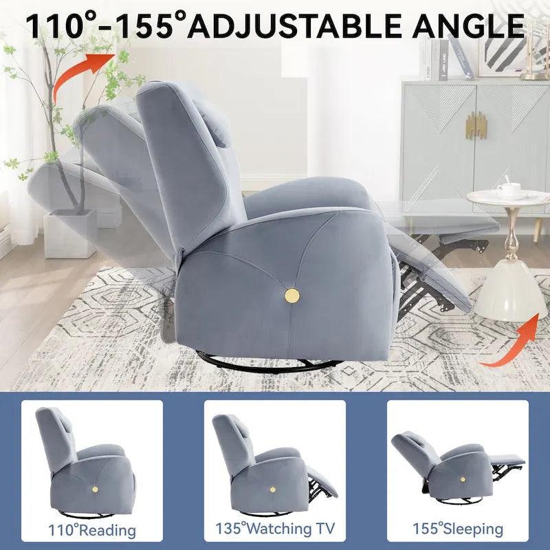 Poltrona reclinabile elettrica girevole e a dondolo con cuscino di supporto lombare e cervicale, rotazione massima di 270 gradi, porte USB e Type-C