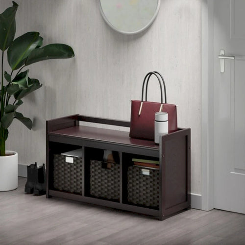 Panca Contenitore 4 Posti 3 Cesti Intrecciati Pieghevoli Espresso Cioccolato 95 cm
