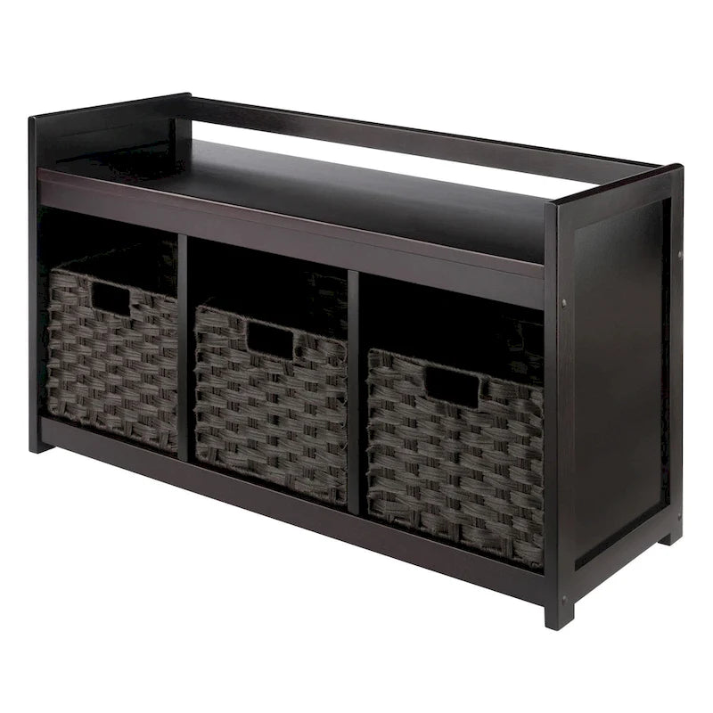 Panca Contenitore 4 Posti 3 Cesti Intrecciati Pieghevoli Espresso Cioccolato 95 cm