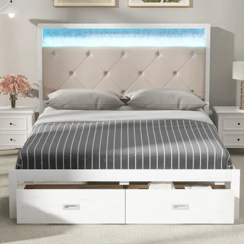 Letto a piattaforma matrimoniale in legno con testiera imbottita e LED e 2 cassetti, bianco antico