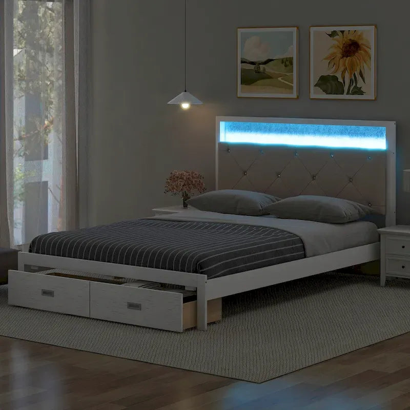 Letto a piattaforma matrimoniale in legno con testiera imbottita e LED e 2 cassetti, bianco antico