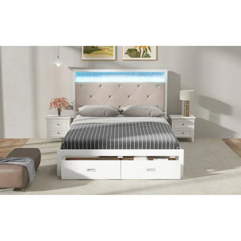 Letto a piattaforma matrimoniale in legno con testiera imbottita e LED e 2 cassetti, bianco antico