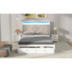 Letto a piattaforma matrimoniale in legno con testiera imbottita e LED e 2 cassetti, bianco antico