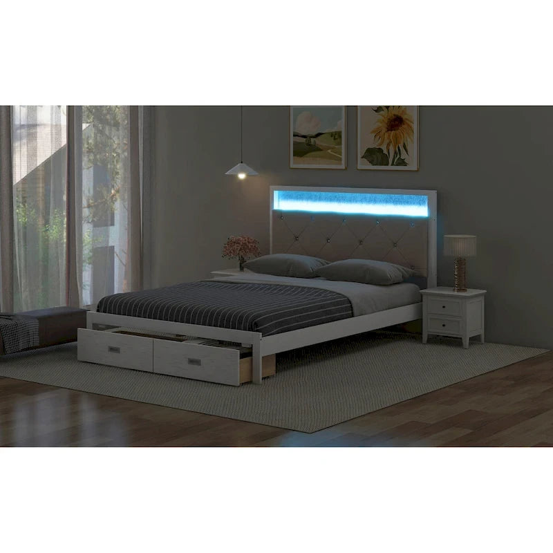 Letto a piattaforma matrimoniale in legno con testiera imbottita e LED e 2 cassetti, bianco antico