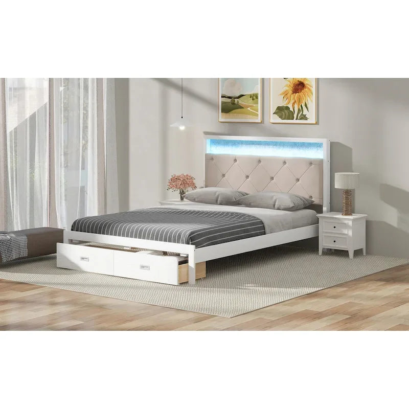 Letto a piattaforma matrimoniale in legno con testiera imbottita e LED e 2 cassetti, bianco antico
