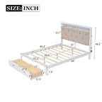 Letto a piattaforma matrimoniale in legno con testiera imbottita e LED e 2 cassetti, bianco antico