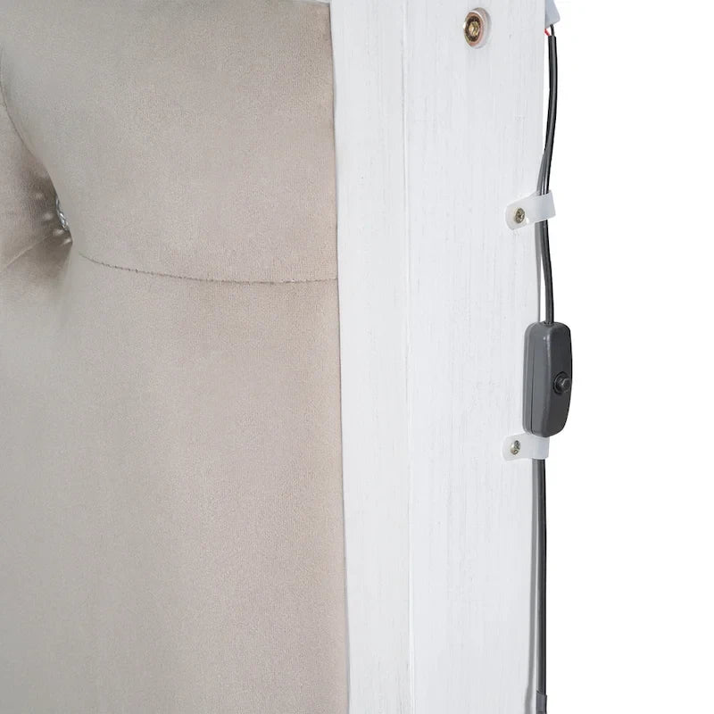 Letto a piattaforma matrimoniale in legno con testiera imbottita e LED e 2 cassetti, bianco antico