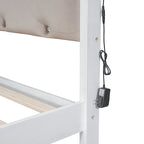 Letto a piattaforma matrimoniale in legno con testiera imbottita e LED e 2 cassetti, bianco antico