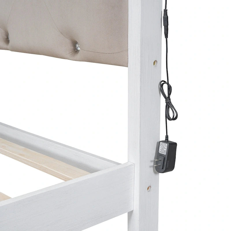 Letto a piattaforma matrimoniale in legno con testiera imbottita e LED e 2 cassetti, bianco antico