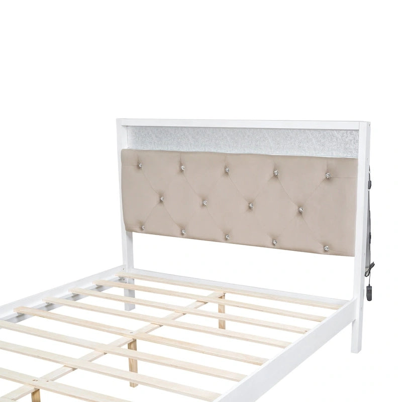 Letto a piattaforma matrimoniale in legno con testiera imbottita e LED e 2 cassetti, bianco antico