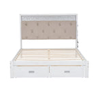 Letto a piattaforma matrimoniale in legno con testiera imbottita e LED e 2 cassetti, bianco antico