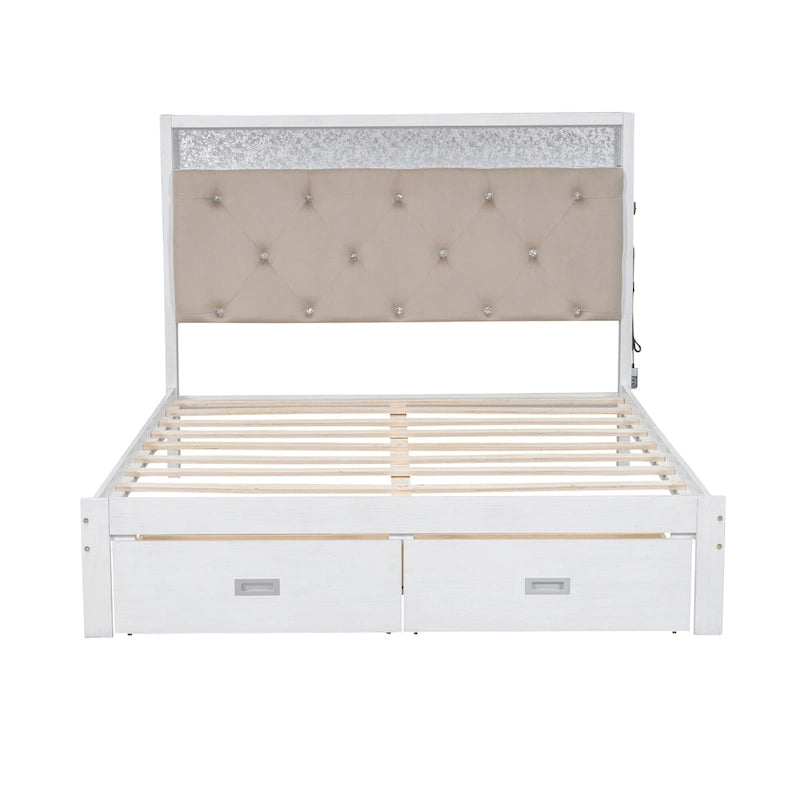 Letto a piattaforma matrimoniale in legno con testiera imbottita e LED e 2 cassetti, bianco antico