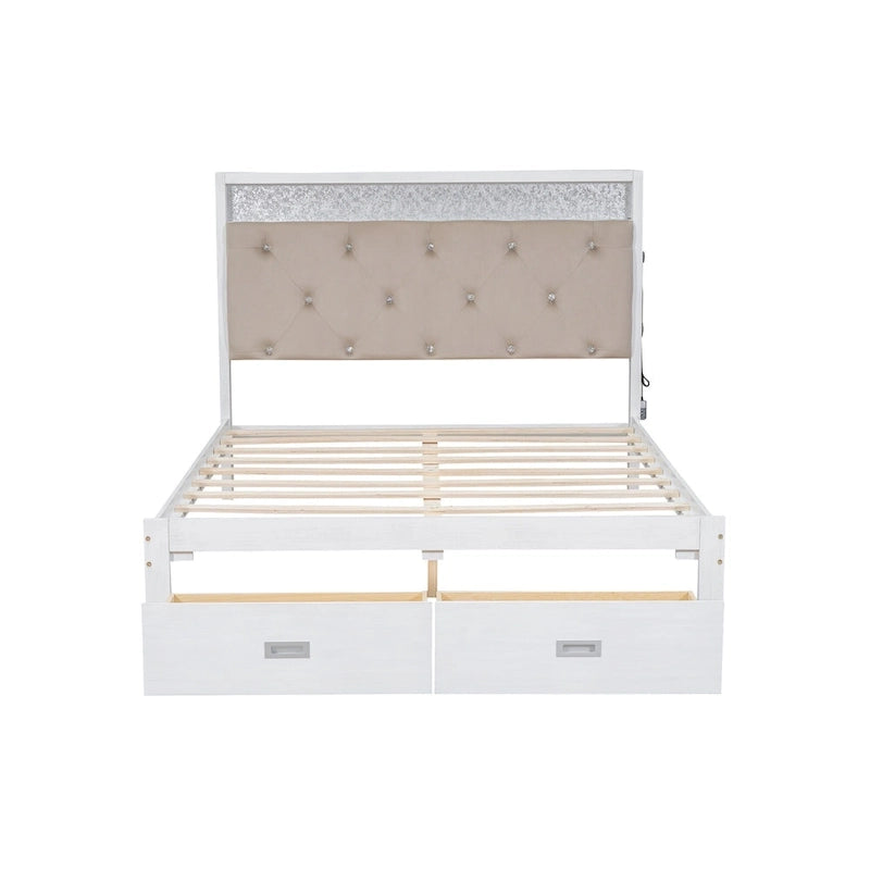 Letto a piattaforma matrimoniale in legno con testiera imbottita e LED e 2 cassetti, bianco antico