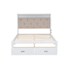 Letto a piattaforma matrimoniale in legno con testiera imbottita e LED e 2 cassetti, bianco antico