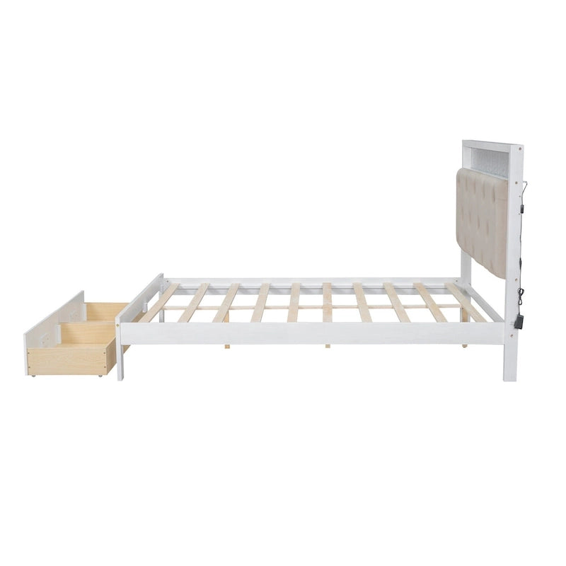 Letto a piattaforma matrimoniale in legno con testiera imbottita e LED e 2 cassetti, bianco antico
