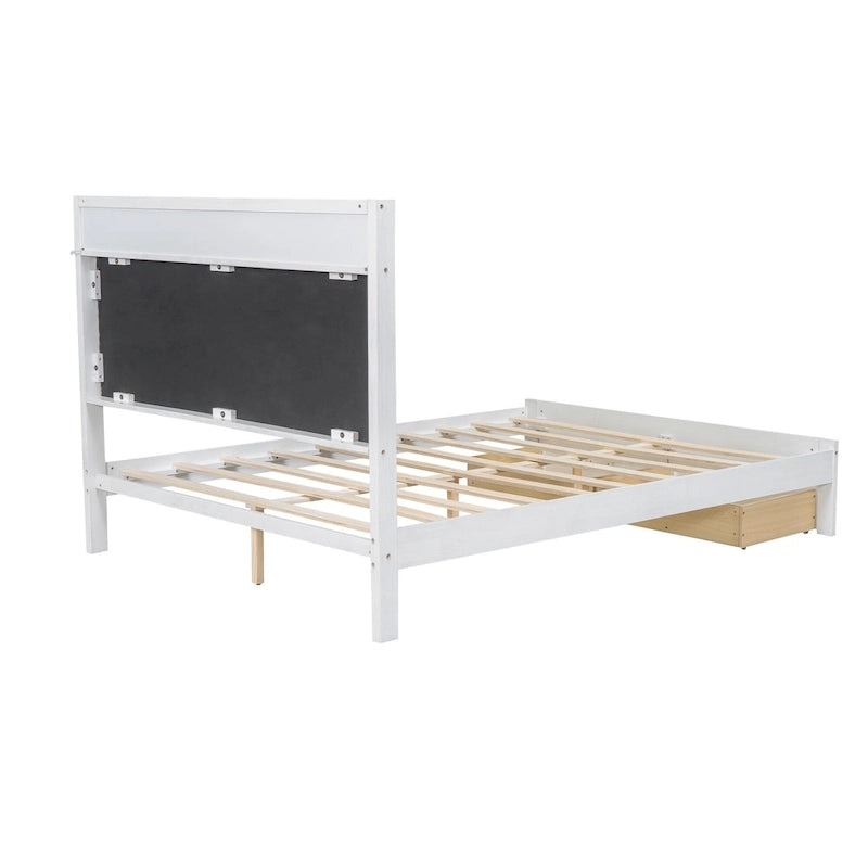 Letto a piattaforma matrimoniale in legno con testiera imbottita e LED e 2 cassetti, bianco antico