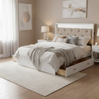 Letto a piattaforma matrimoniale in legno con testiera imbottita e LED e 2 cassetti, bianco antico
