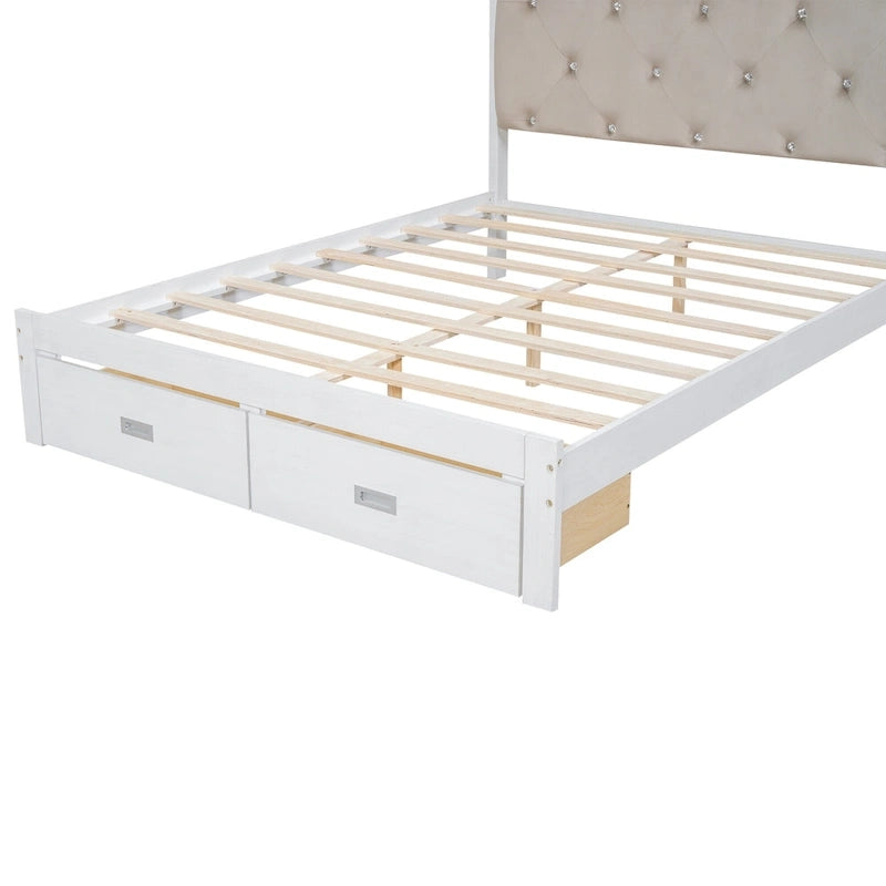 Letto a piattaforma matrimoniale in legno con testiera imbottita e LED e 2 cassetti, bianco antico
