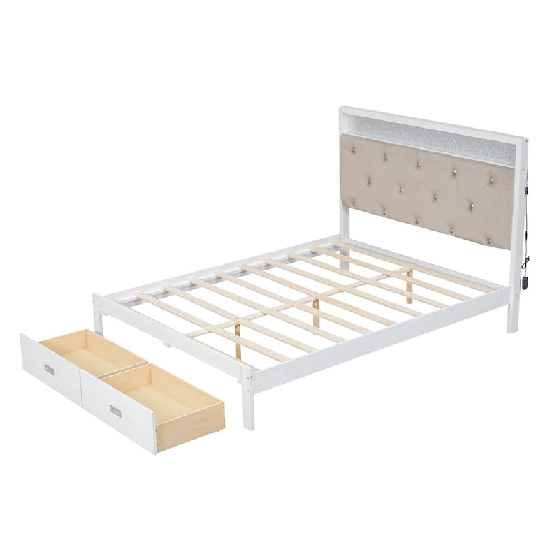 Letto a piattaforma matrimoniale in legno con testiera imbottita e LED e 2 cassetti, bianco antico