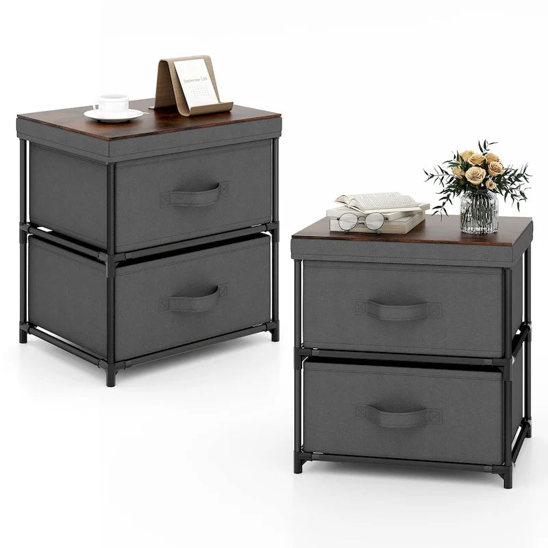 Comodino Grigio in Tessuto a 2 Cassetti, Stile Industriale, Set da 2