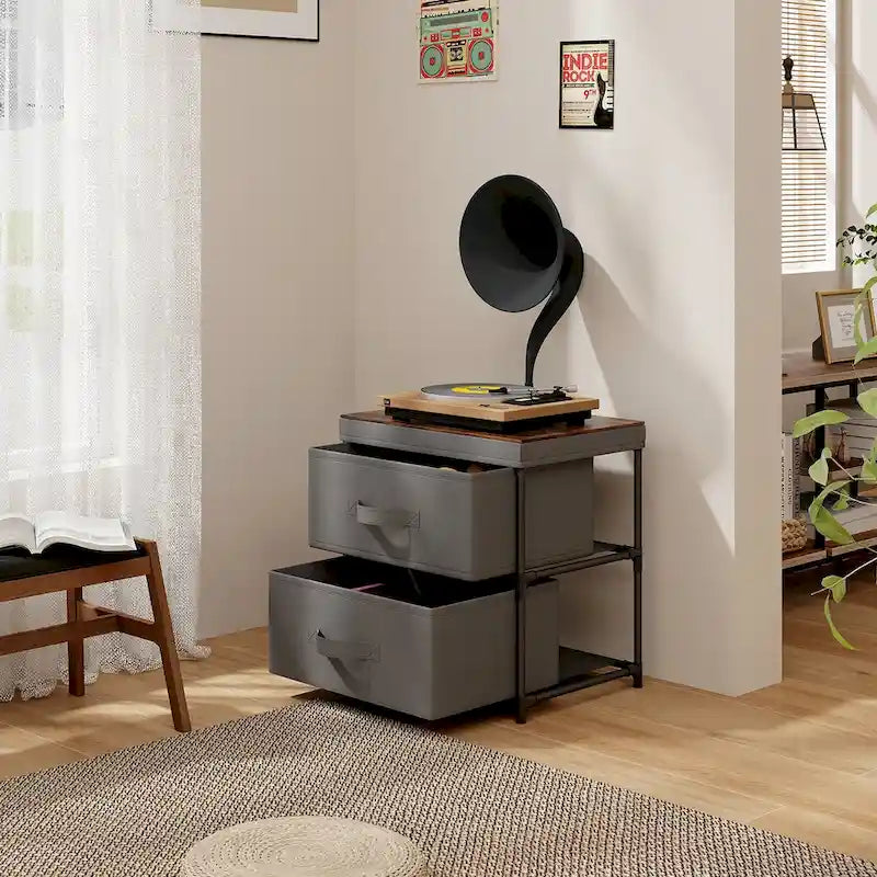 Comodino Grigio in Tessuto a 2 Cassetti, Stile Industriale, Set da 2
