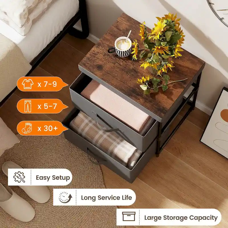 Comodino Grigio in Tessuto a 2 Cassetti, Stile Industriale, Set da 2
