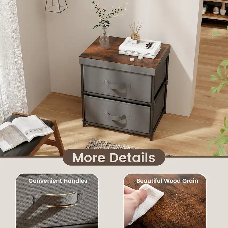 Comodino Grigio in Tessuto a 2 Cassetti, Stile Industriale, Set da 2