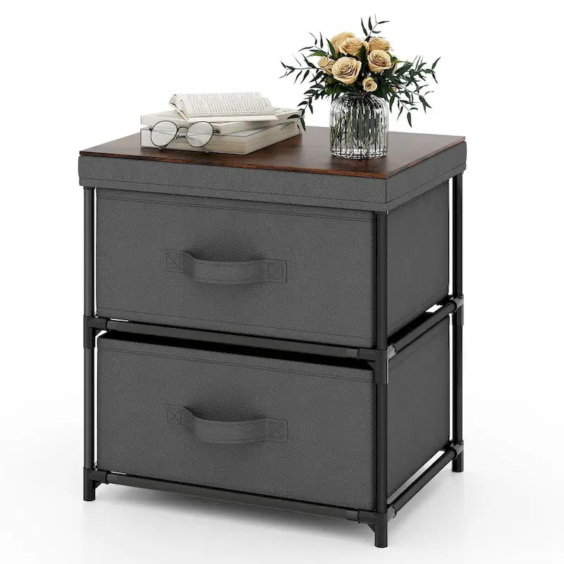 Comodino Grigio in Tessuto a 2 Cassetti, Stile Industriale, Set da 2