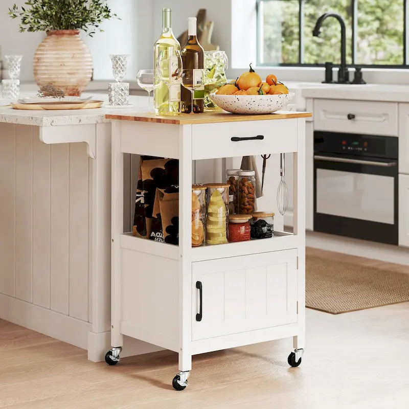 Carrello da cucina con rotelle bianco/nero, stile porta a battente