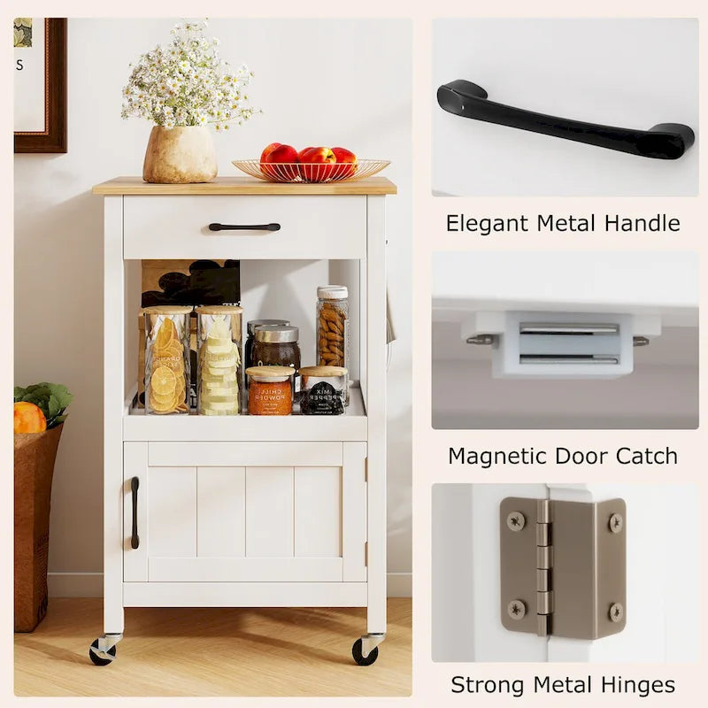 Carrello da cucina con rotelle bianco/nero, stile porta a battente