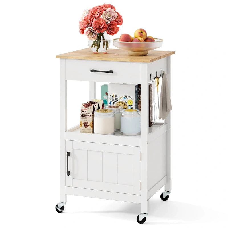 Carrello da cucina con rotelle bianco/nero, stile porta a battente