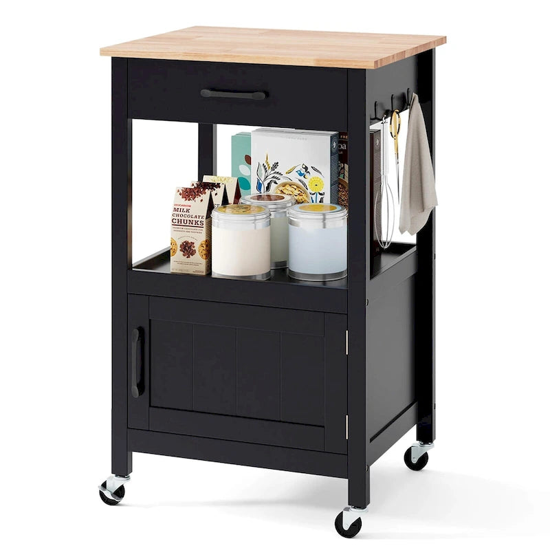 Carrello da cucina con rotelle bianco/nero, stile porta a battente