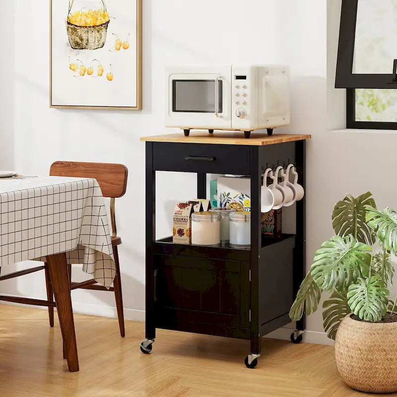 Carrello da cucina con rotelle bianco/nero, stile porta a battente