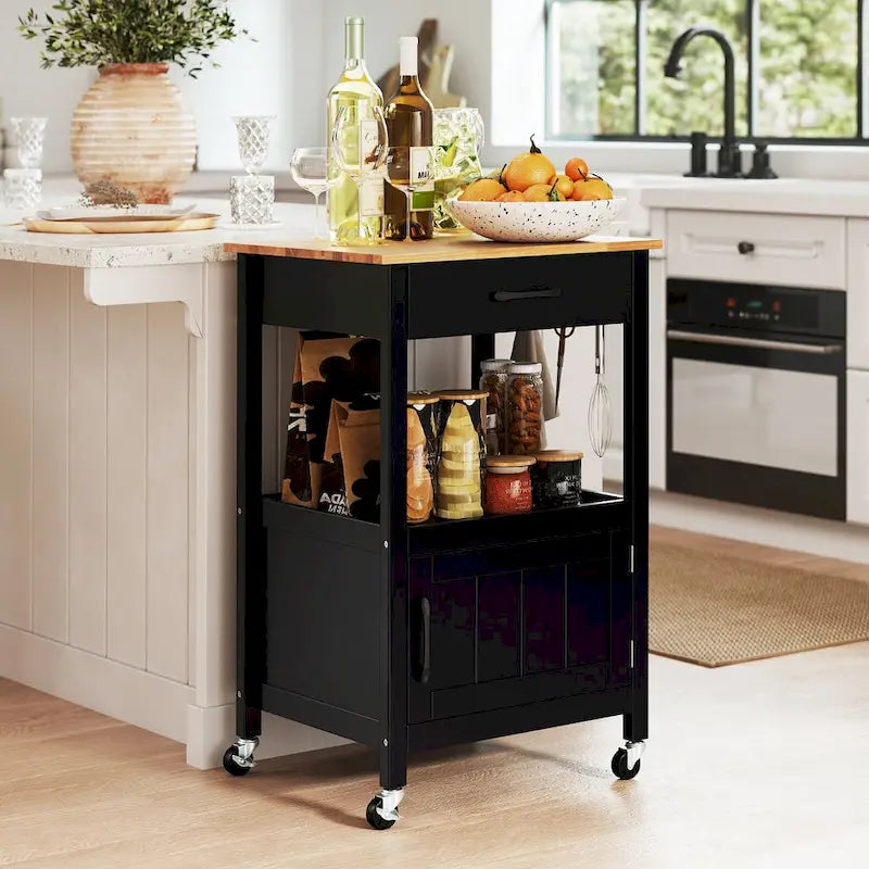 Carrello da cucina con rotelle bianco/nero, stile porta a battente