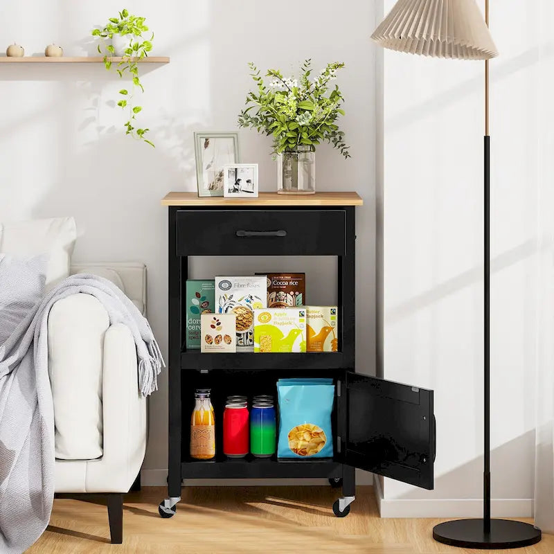 Carrello da cucina con rotelle bianco/nero, stile porta a battente