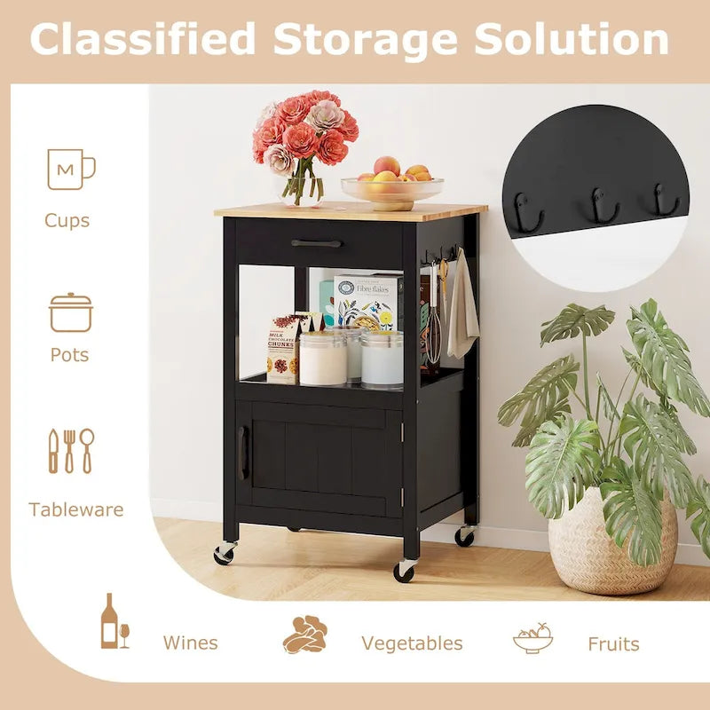 Carrello da cucina con rotelle bianco/nero, stile porta a battente