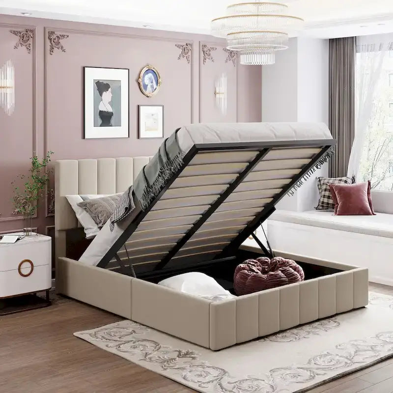 Letto matrimoniale Queen Size con piattaforma in lino - Piattaforma con sollevamento idraulico e vano nascosto, struttura in legno massello di pino