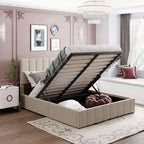 Letto matrimoniale Queen Size con piattaforma in lino - Piattaforma con sollevamento idraulico e vano nascosto, struttura in legno massello di pino