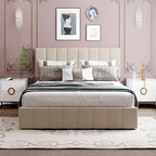 Letto matrimoniale Queen Size con piattaforma in lino - Piattaforma con sollevamento idraulico e vano nascosto, struttura in legno massello di pino