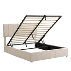Letto matrimoniale Queen Size con piattaforma in lino - Piattaforma con sollevamento idraulico e vano nascosto, struttura in legno massello di pino
