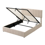 Letto matrimoniale Queen Size con piattaforma in lino - Piattaforma con sollevamento idraulico e vano nascosto, struttura in legno massello di pino