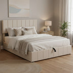 Letto matrimoniale Queen Size con piattaforma in lino - Piattaforma con sollevamento idraulico e vano nascosto, struttura in legno massello di pino